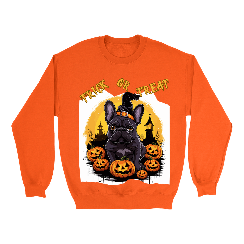 Explore our bewitching collection of Halloween sweatshirts, showcasing the mysterious allure of a French bull dog on the front.