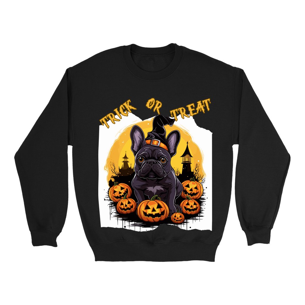 Explore our bewitching collection of Halloween sweatshirts, showcasing the mysterious allure of a French bull dog on the front.