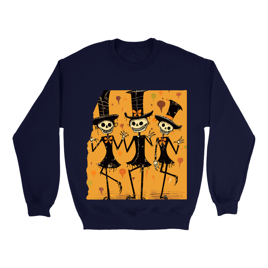 Explore our bewitching collection of Halloween sweatshirts, showcasing the mysterious allure of dancing skeletons on the front.