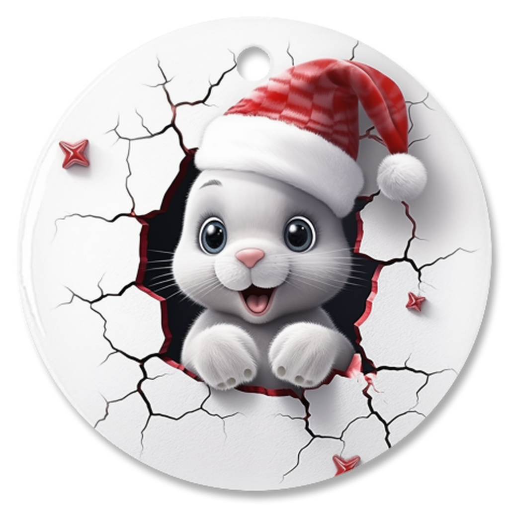 Radiant 3D Animal Breakthrough Porcelain Christmas Bunny Ornament:  Elegance in Every Detail for Your Holiday Joy!