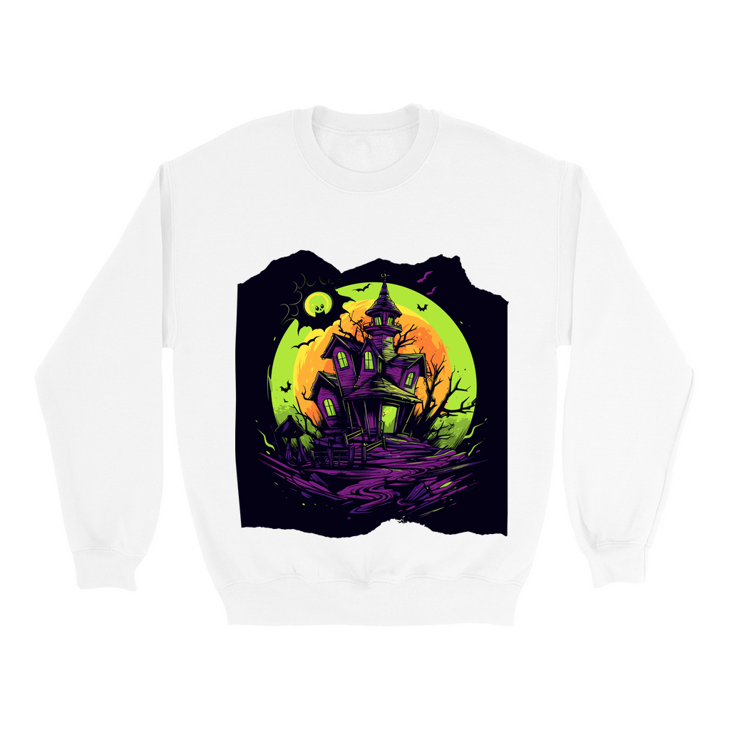 Explore our bewitching collection of Halloween sweatshirts, showcasing the mysterious allure of a haunted house on the front.