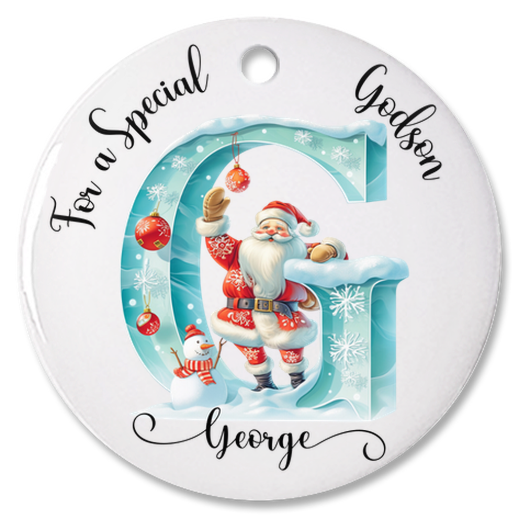 Personalized Christmas Ice Alphabet Godson Christmas Tree Porcelain Ornament, For A Special Godson Bauble, Christmas Keepsake