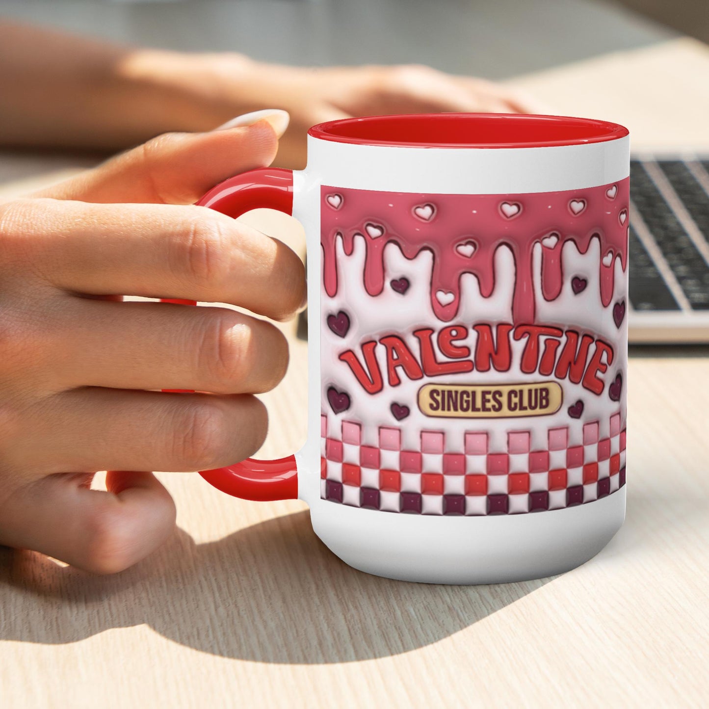 Love Unleashed:  Valentine’s Single’s Club Two-Tone Mugs - A Symphony of Colors on Glossy White Canvas, Sip Romance Daily!