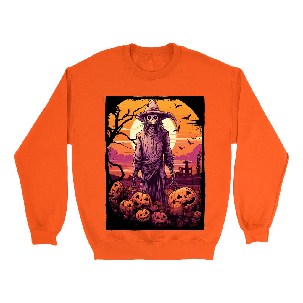 Explore our bewitching collection of Halloween sweatshirts, showcasing the mysterious allure of a Scarecrow on the front.