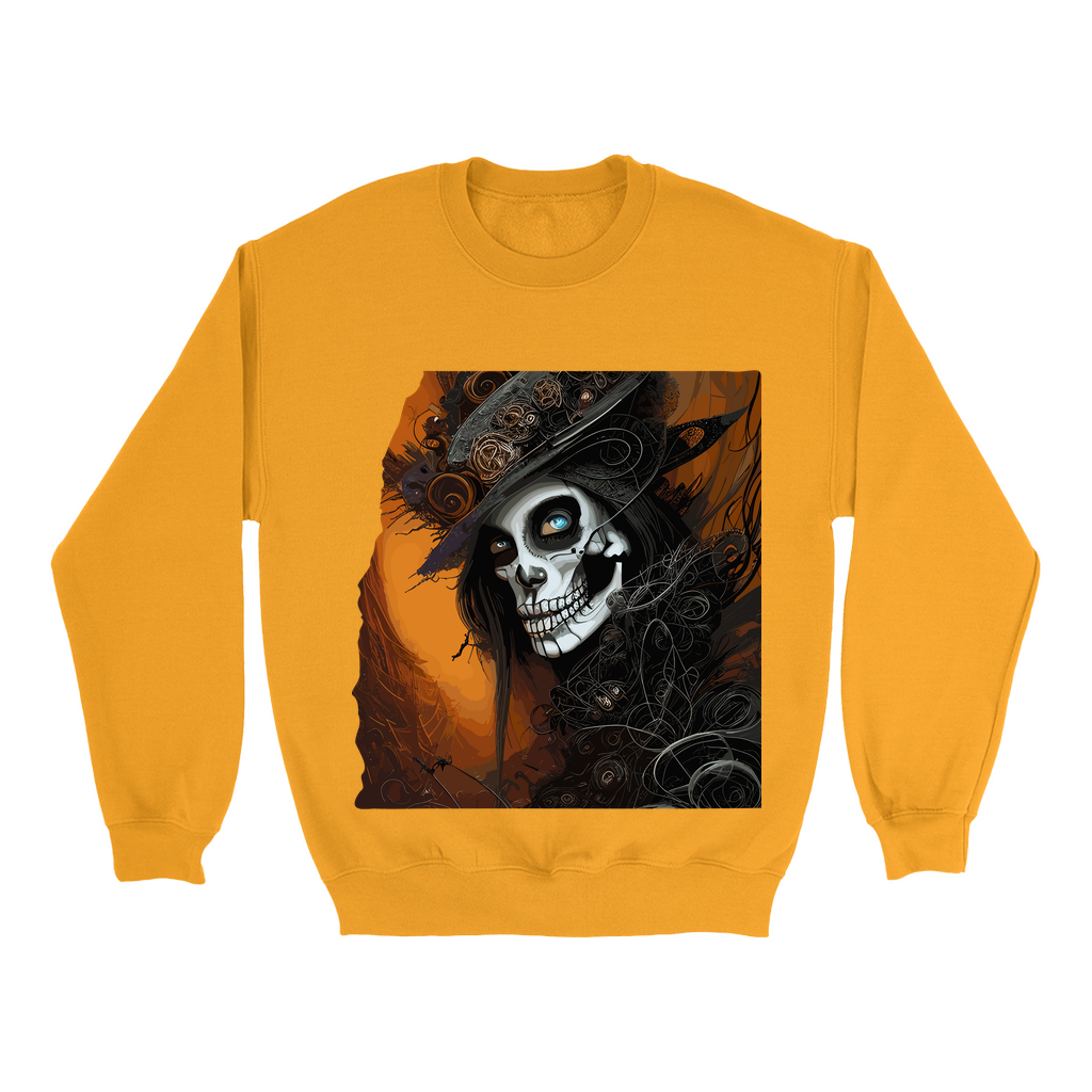 Explore our bewitching collection of Halloween sweatshirts, showcasing the mysterious allure of a Goth skeleton on the front.