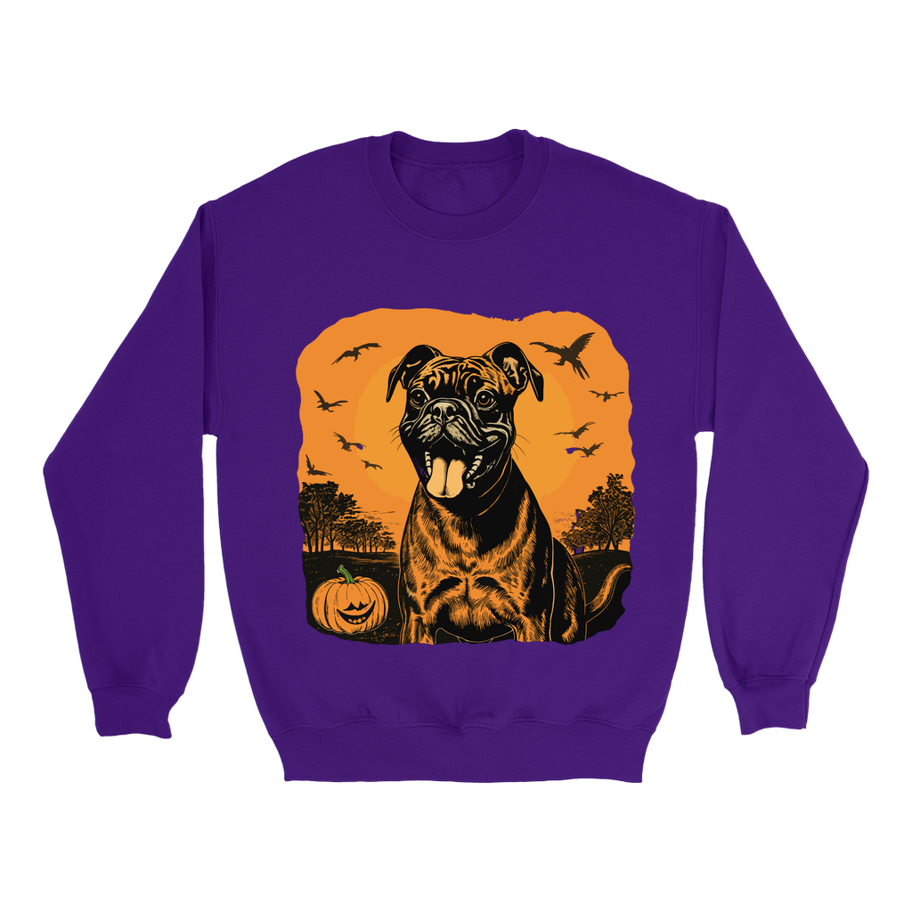 Explore our bewitching collection of Halloween sweatshirts, showcasing the mysterious allure of a boxer dog on the front.