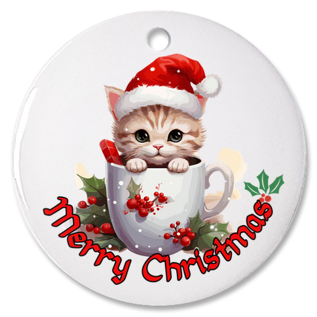 Radiant 3D Porcelain Christmas Kitten Ornament:  Elegance in Every Detail for Your Holiday Joy!