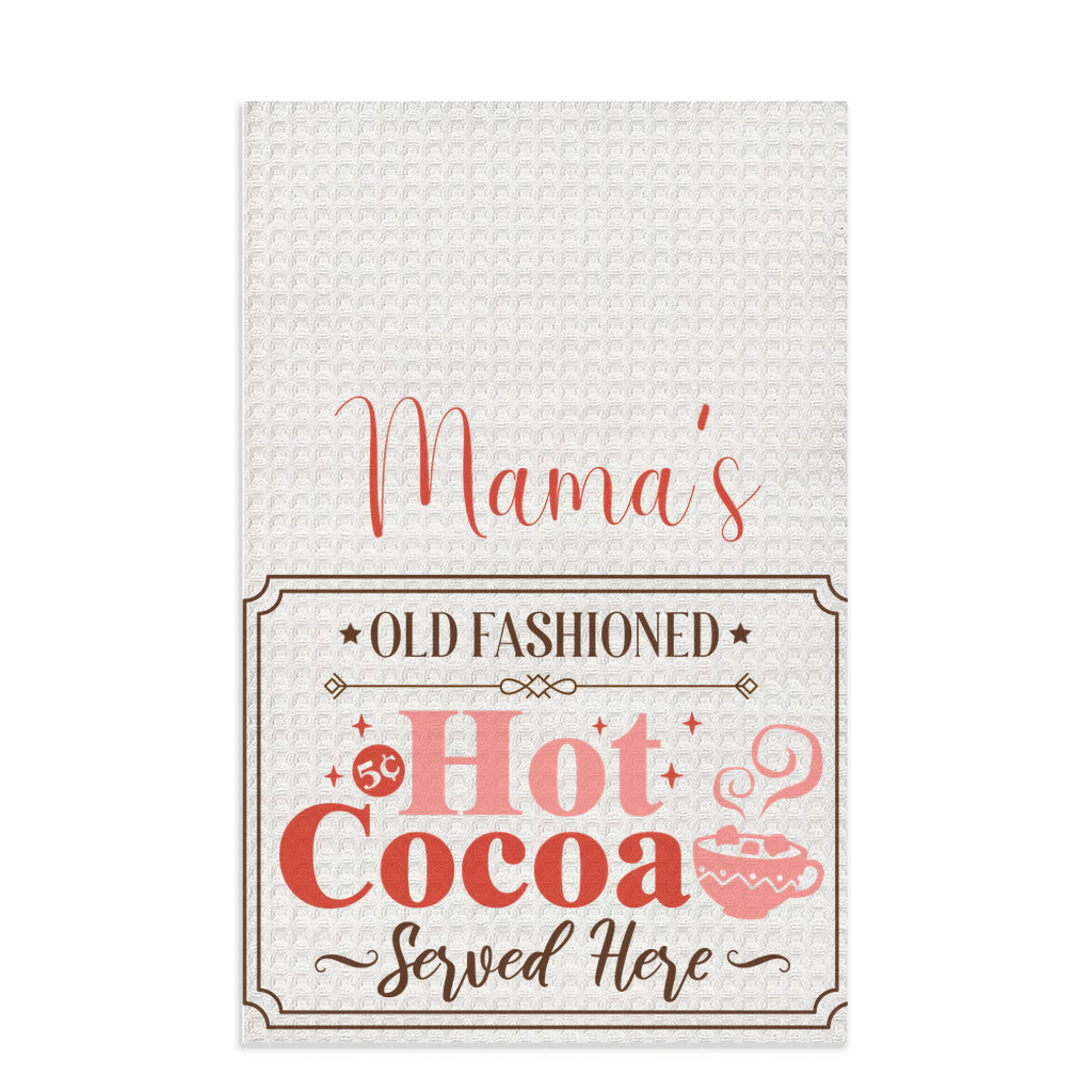 Personalized Beautiful Christmas-Themed "Mama's Old Fashioned Hot Cocoa" Waffle Kitchen Tea Towel, Waffle Dish Towel, Cute Stocking Filler