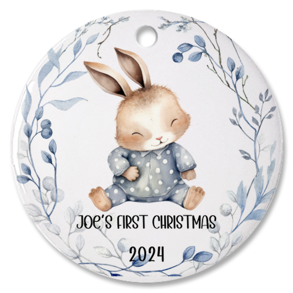 Personalized, Customized Baby’s First Christmas Porcelain Grey Bunny Ornament, Baby’s 1st Christmas Bauble, Baby’s Christmas Keepsake