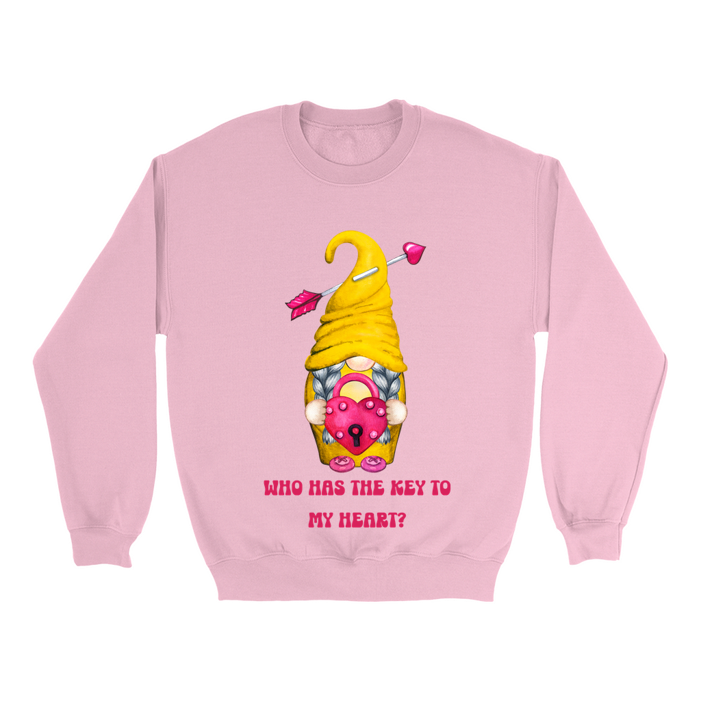 Embrace Love's Warmth:  Introducing our Gnome with a Locked heart, 'Love is' Gildan 18000 Sweatshirts – Whimsical Designs, Cozy Comfort.