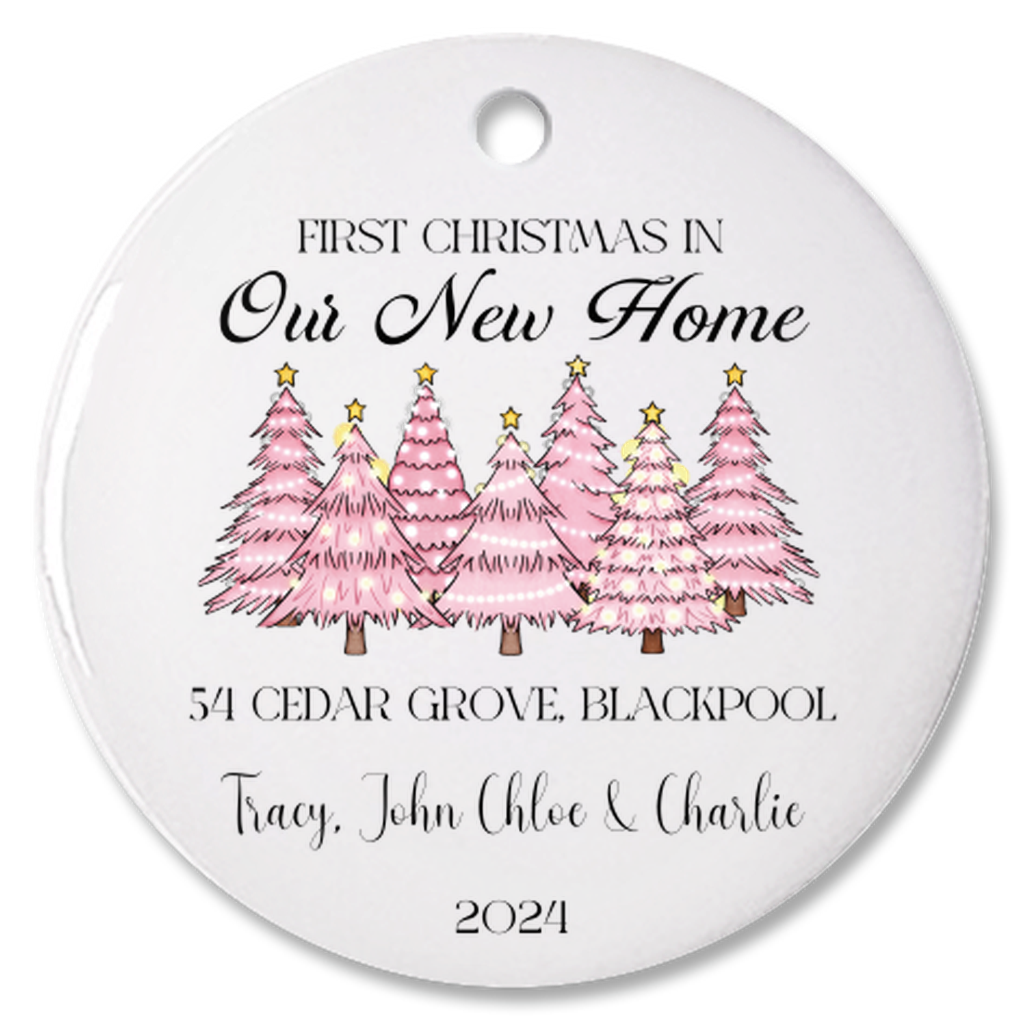 Personalized “First Christmas In Our New Home” Pink Christmas Tree Porcelain Ornament, Customized New House Bauble, Our First Home Keepsake