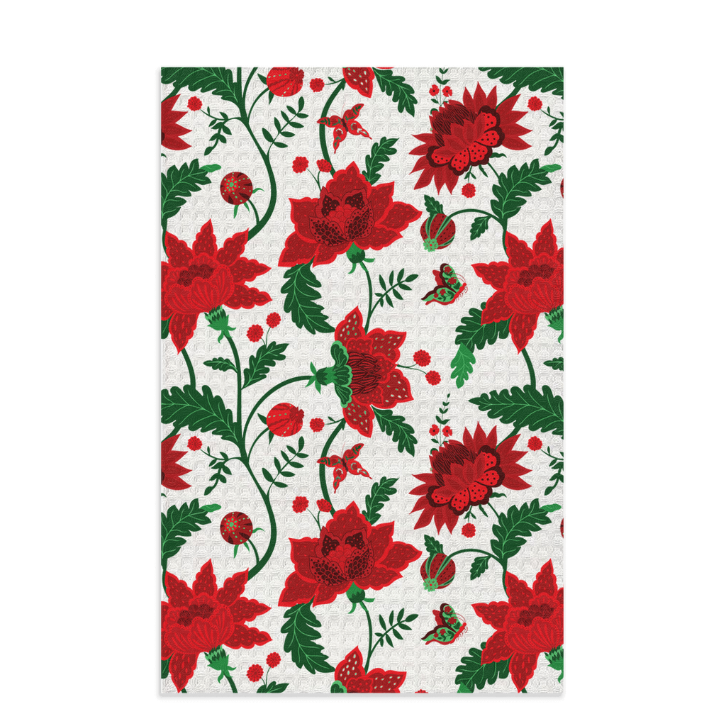 Christmas-Themed Red and Green Floral Waffle Kitchen Tea Towel, Waffle Towel, Cute Stocking Filler