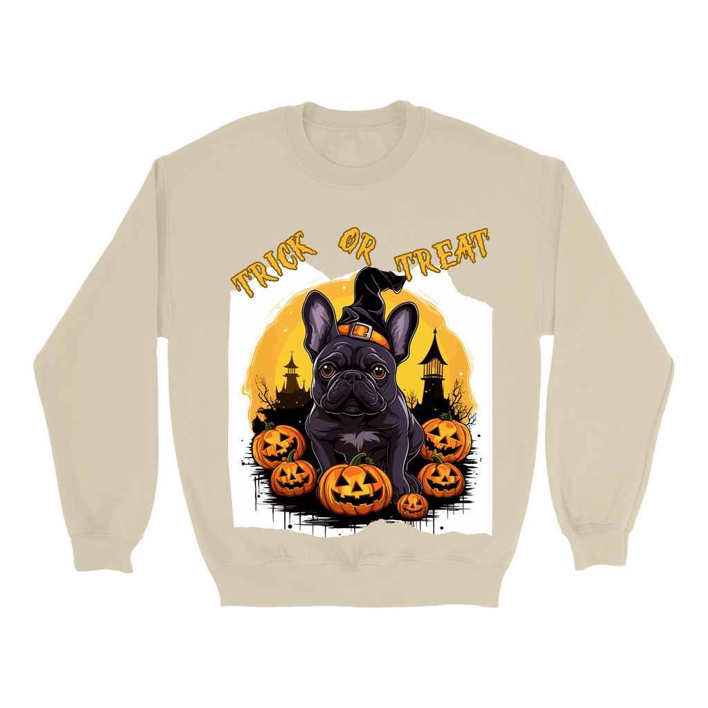 Explore our bewitching collection of Halloween sweatshirts, showcasing the mysterious allure of a French bull dog on the front.