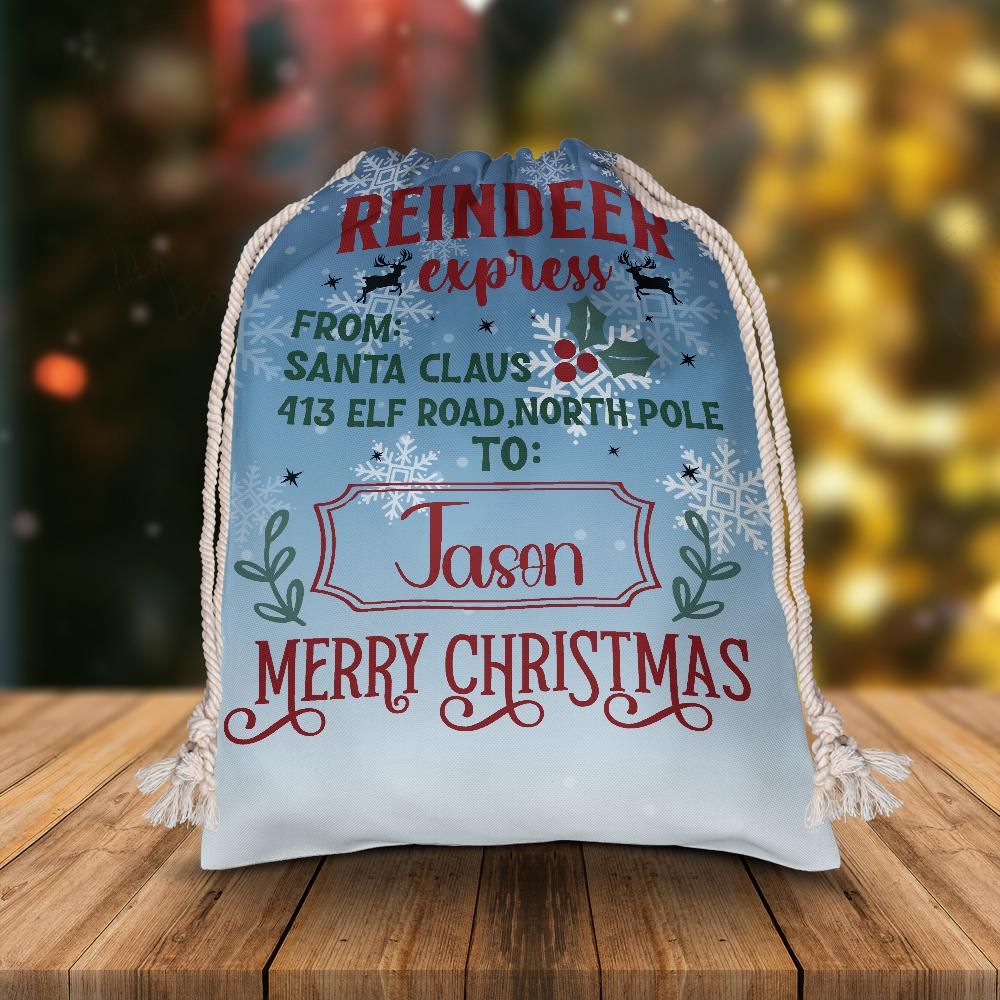 Personalized Large Christmas Drawstring Sack, "Reindeer Express from Santa Claus To Jason" Personalized Bag, Santa Sack, Kid's Christmas Sack, Christmas Bags, Party Supplies Bag, Gift Sacks