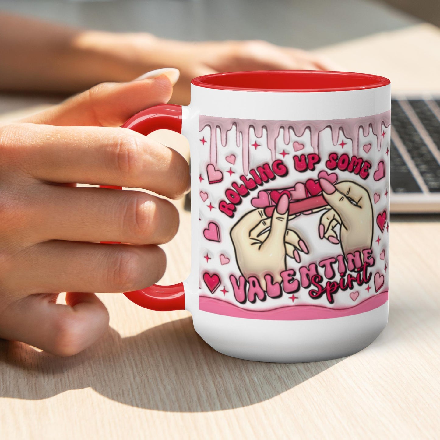 Love Unleashed:  Rolling Up Some Valentine’s Spirit Two-Tone Mugs - A Symphony of Colors on Glossy White Canvas, Sip Romance Daily! V2