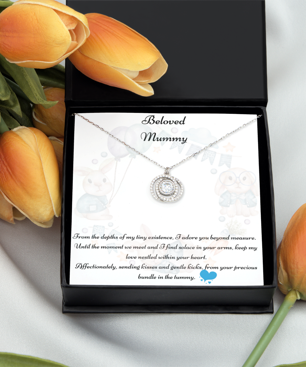 Beloved Mummy, Mother-to-be Gift, Mummy Necklace, Baby Shower Gift, Future Mummy, Heart Knot Gold, Heart Knot Silver, Love Knot Rose Gold, Love Knot Silver, Solitaire Crystal, Double Crystal Circle