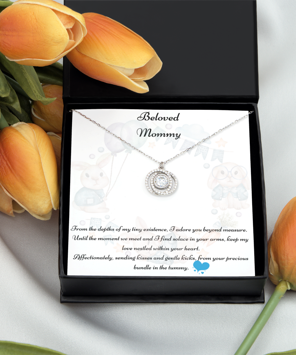 Beloved Mommy, Mother-to-be Gift, Mommy Necklace, Baby Shower Gift, Future Mommy, Heart Knot Gold, Heart Knot Silver, Love Knot Rose Gold, Love Knot Silver, Solitaire Crystal, Double Crystal Circle