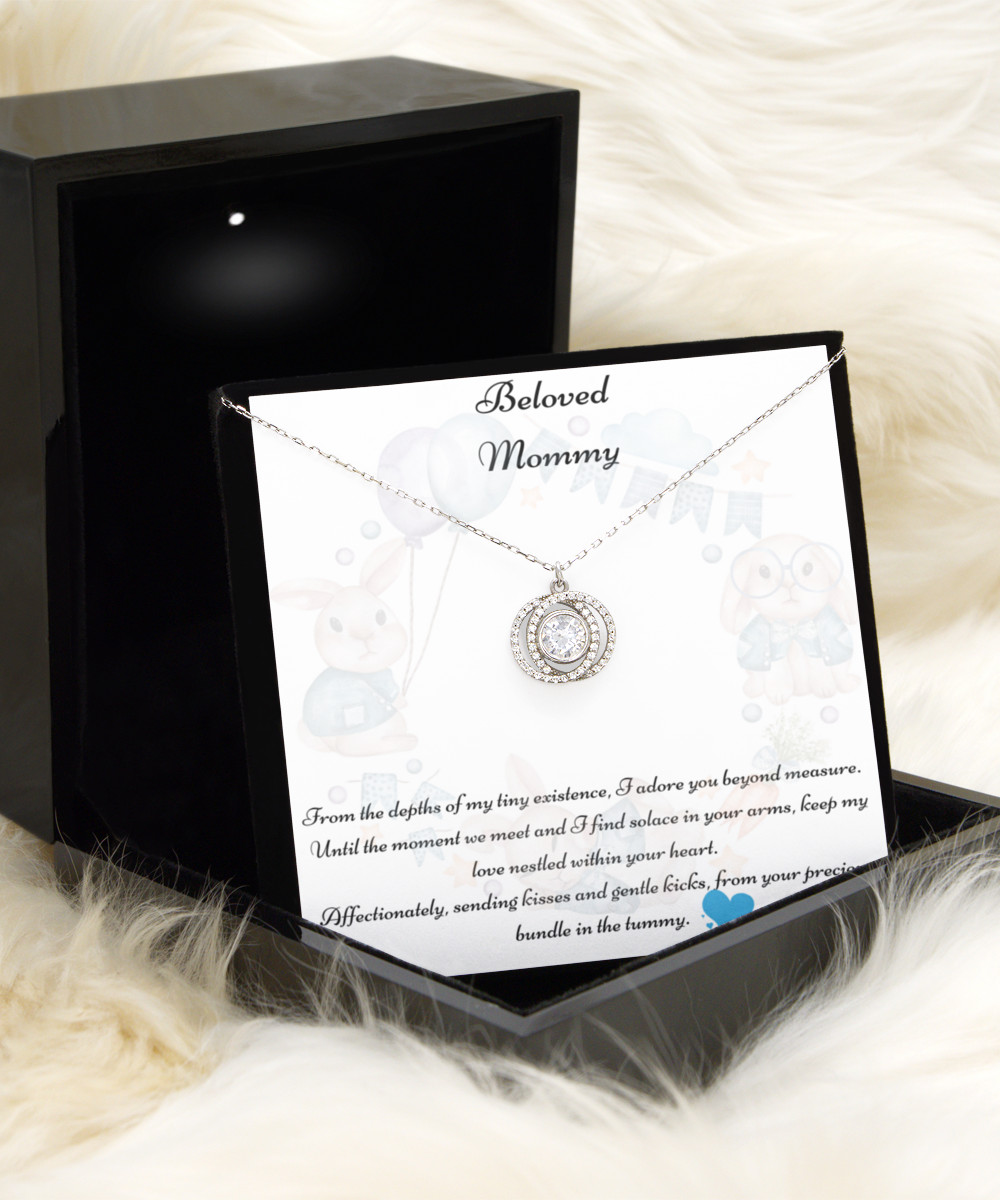 Beloved Mommy, Mother-to-be Gift, Mommy Necklace, Baby Shower Gift, Future Mommy, Heart Knot Gold, Heart Knot Silver, Love Knot Rose Gold, Love Knot Silver, Solitaire Crystal, Double Crystal Circle